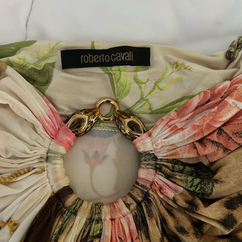 Roberto Cavalli Multicolor Floral Silk Halter Top with Gold Ring